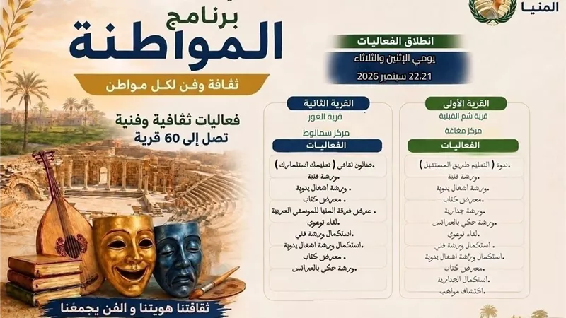 غدًا.. «المواطنة» يفتح أبواب الثقافة والفن لأهالي العور وشم القبلية بالمنيا