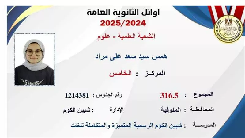 رغم وفاة والدها.. همس سيد تحصد المركز الخامس على الجمهورية بـ316.5 درجة