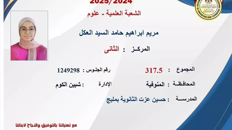 الثاني على الجمهورية: بعتمد على ربنا في كل حاجه وحلم حياتي الالتحاق بكلية الطب