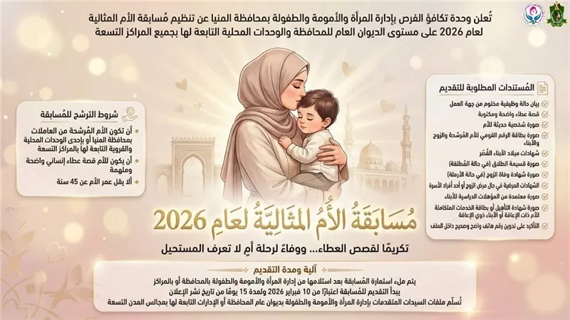 تكريمًا لعطاء المرأة.. المنيا تعلن فتح التقدم لمسابقة «الأم المثالية» 2026