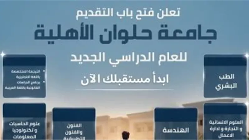 جامعة حلوان الأهلية تعلن فتح باب التقديم للعام الدراسى 2026 / 2027