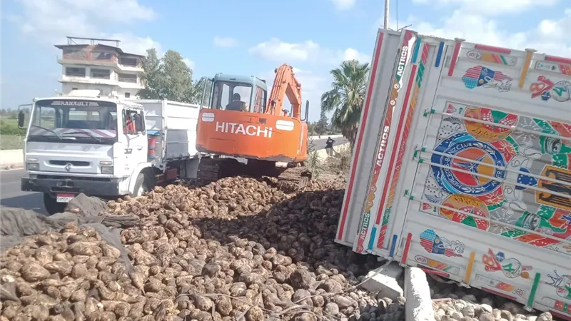 انقلاب سيارة نقل محملة بالبنجر على الطريق الدولي الساحلي بالدقهلية